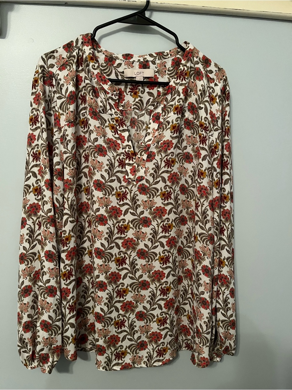 LOFT White Blouse with Red and Brown Floral Print
